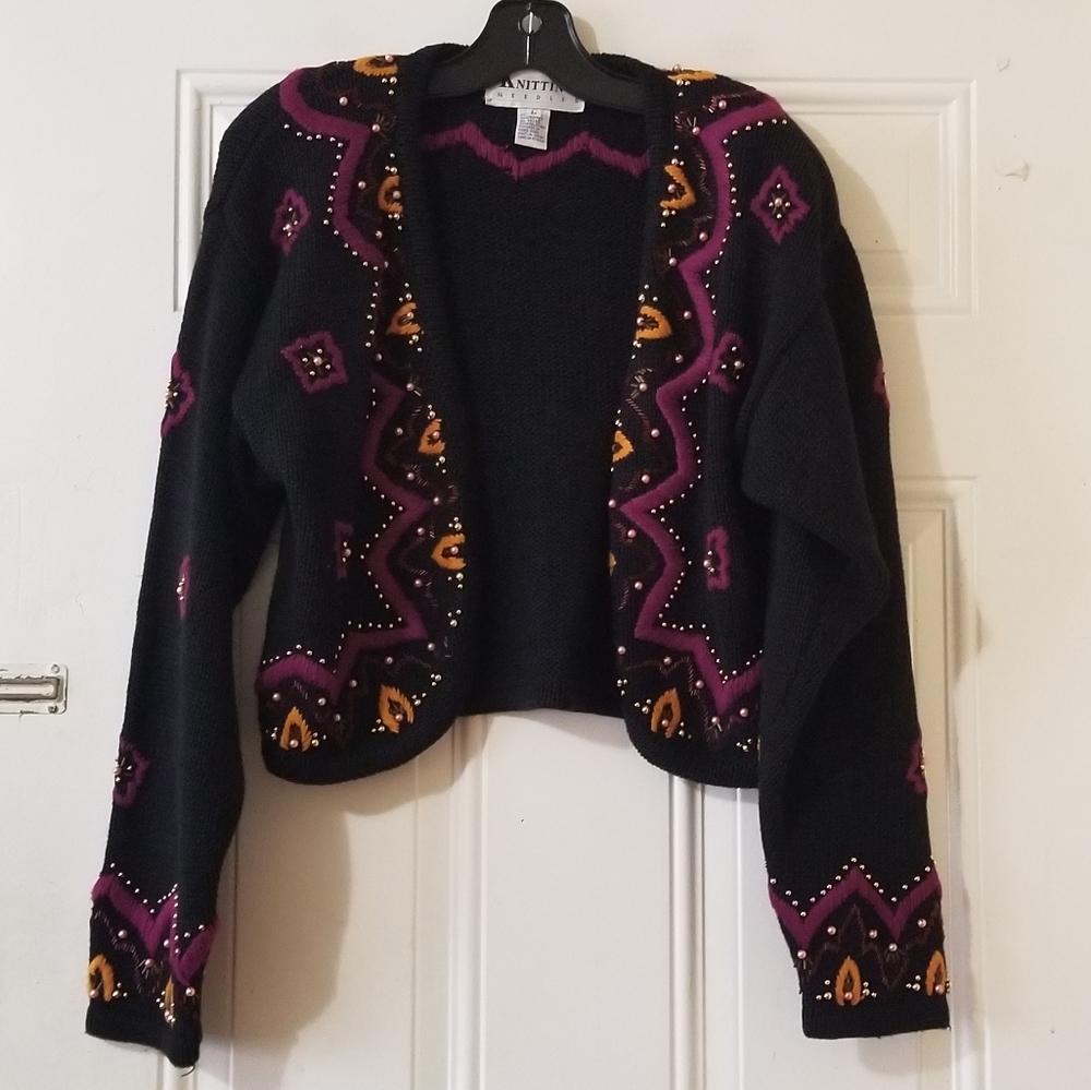 Hand Knit Beaded & Embroidered Cotton Ramie Bolero Sweaters  80's Size L